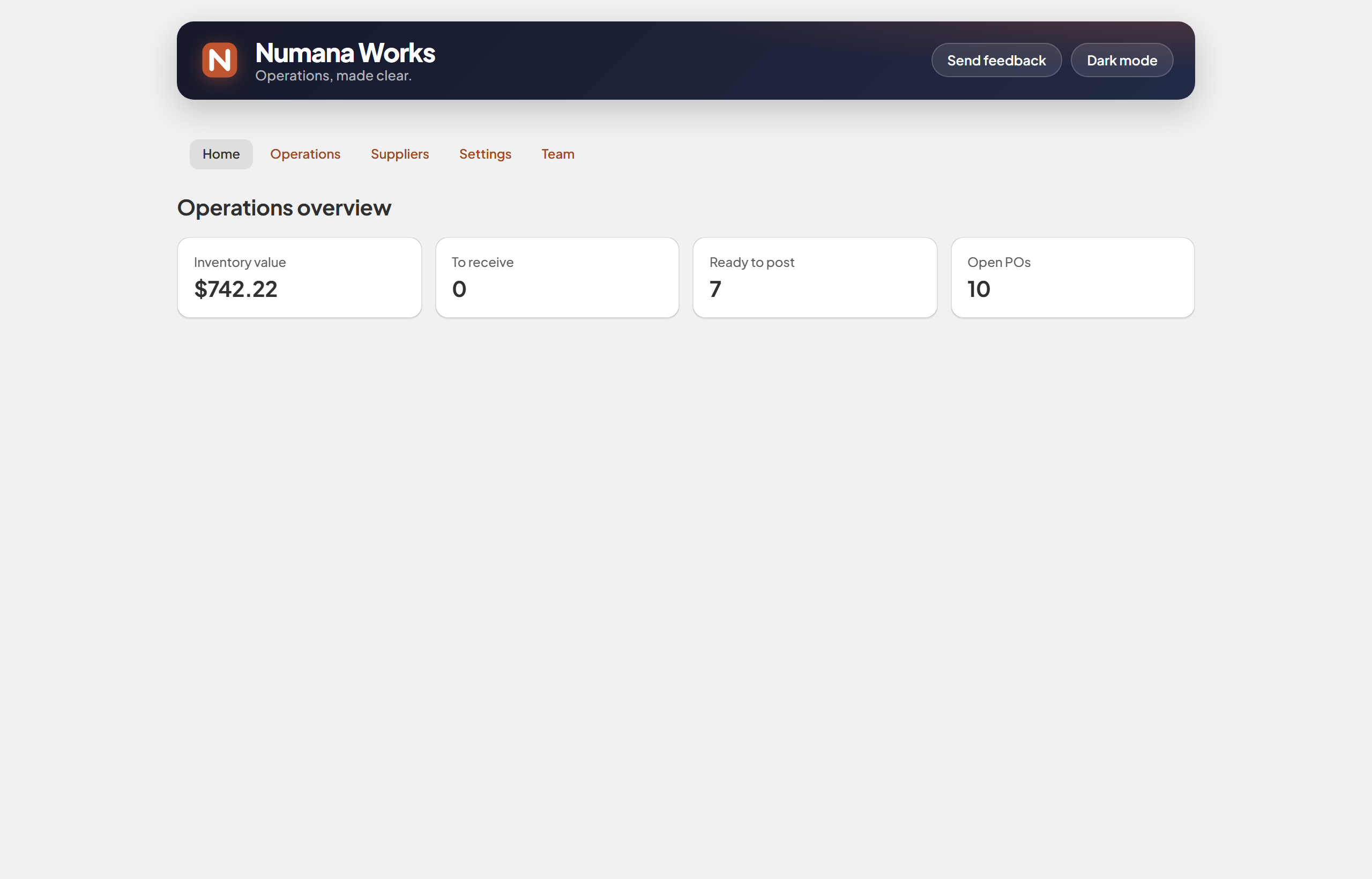 Numana Works home — Operations overview with inventory value, to receive, ready to post and open POs