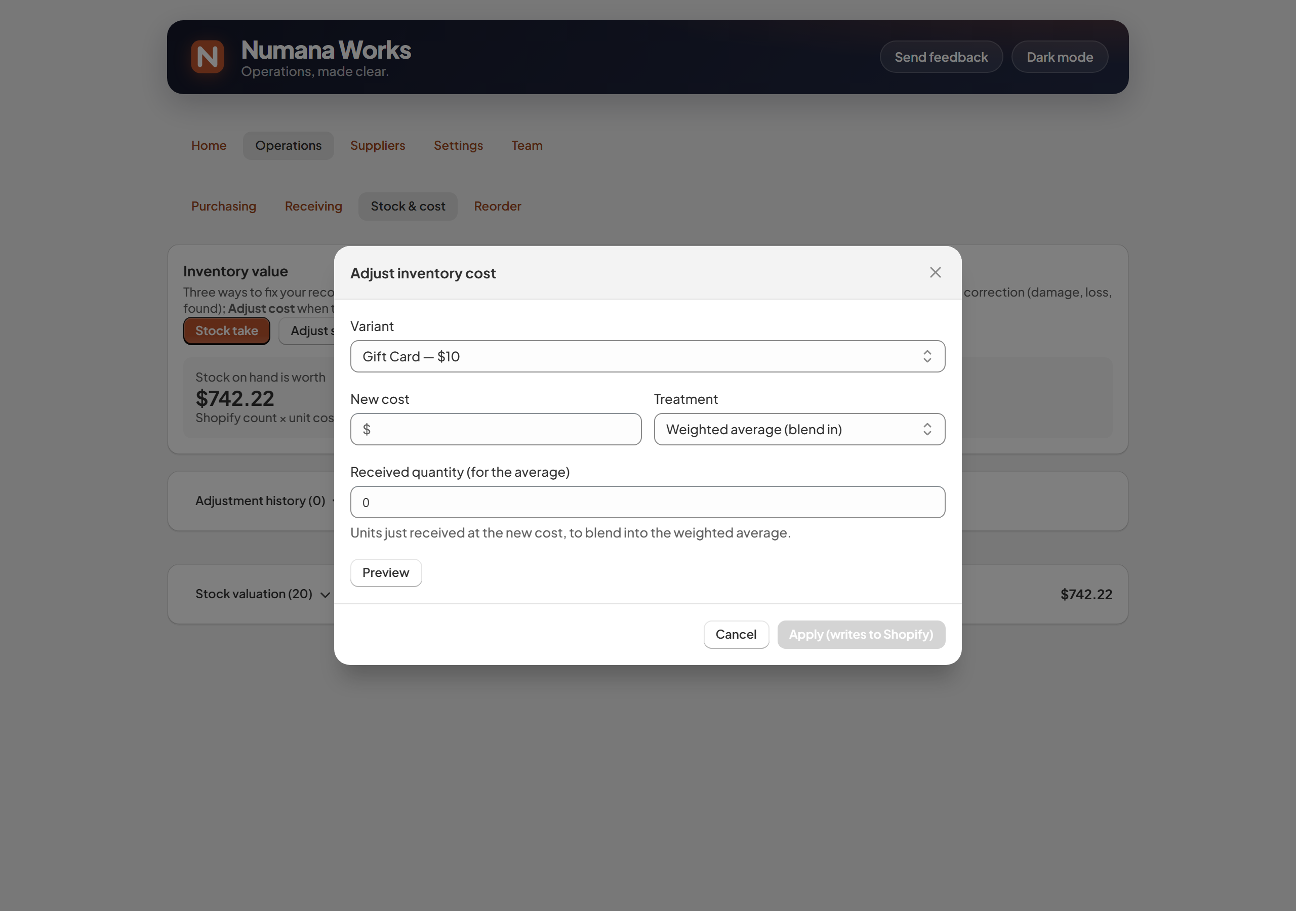 Adjust inventory cost — variant, new cost, and treatment (weighted average or revalue)