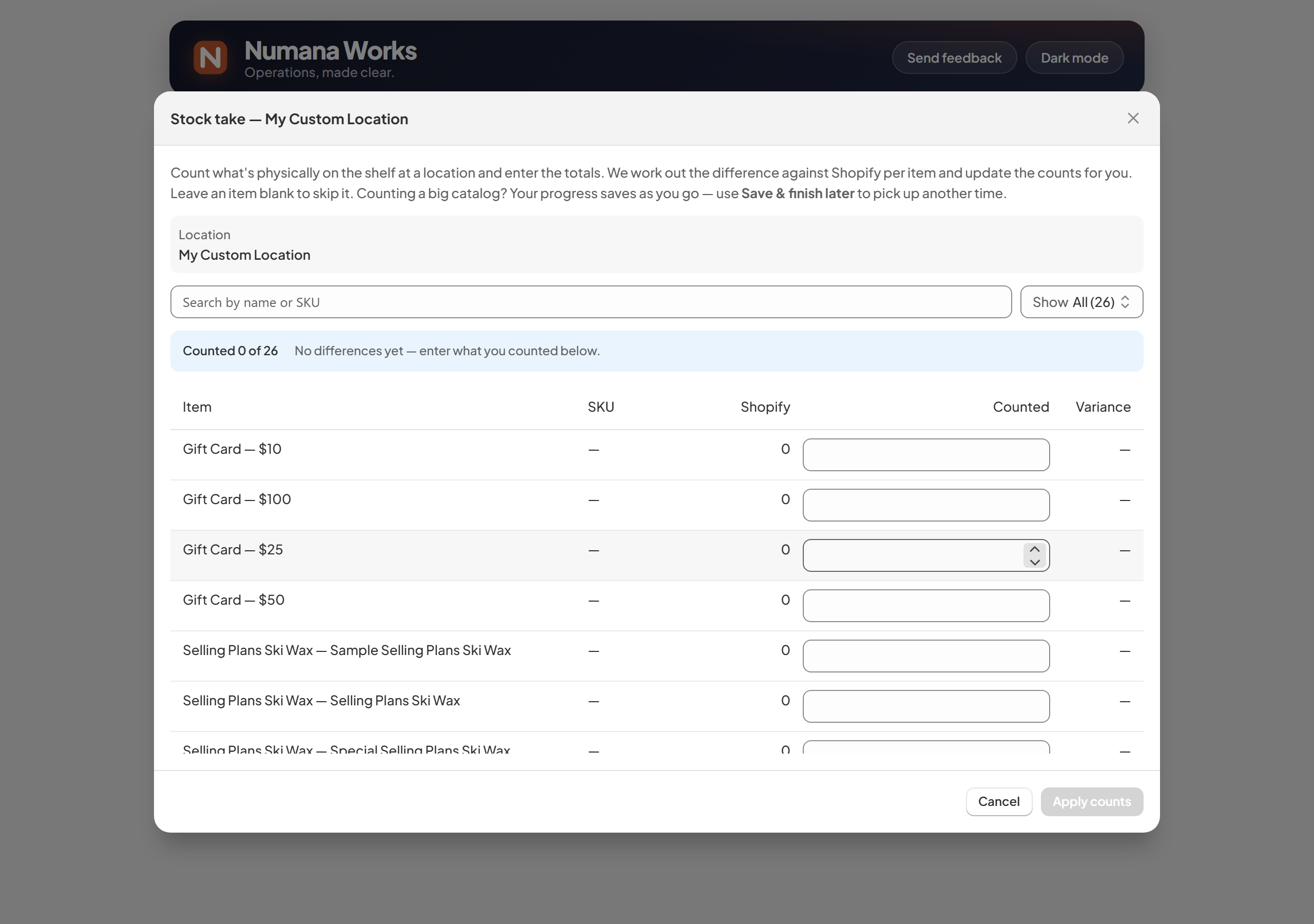 Stock take count sheet — Shopify count vs your counted total, with the variance per item