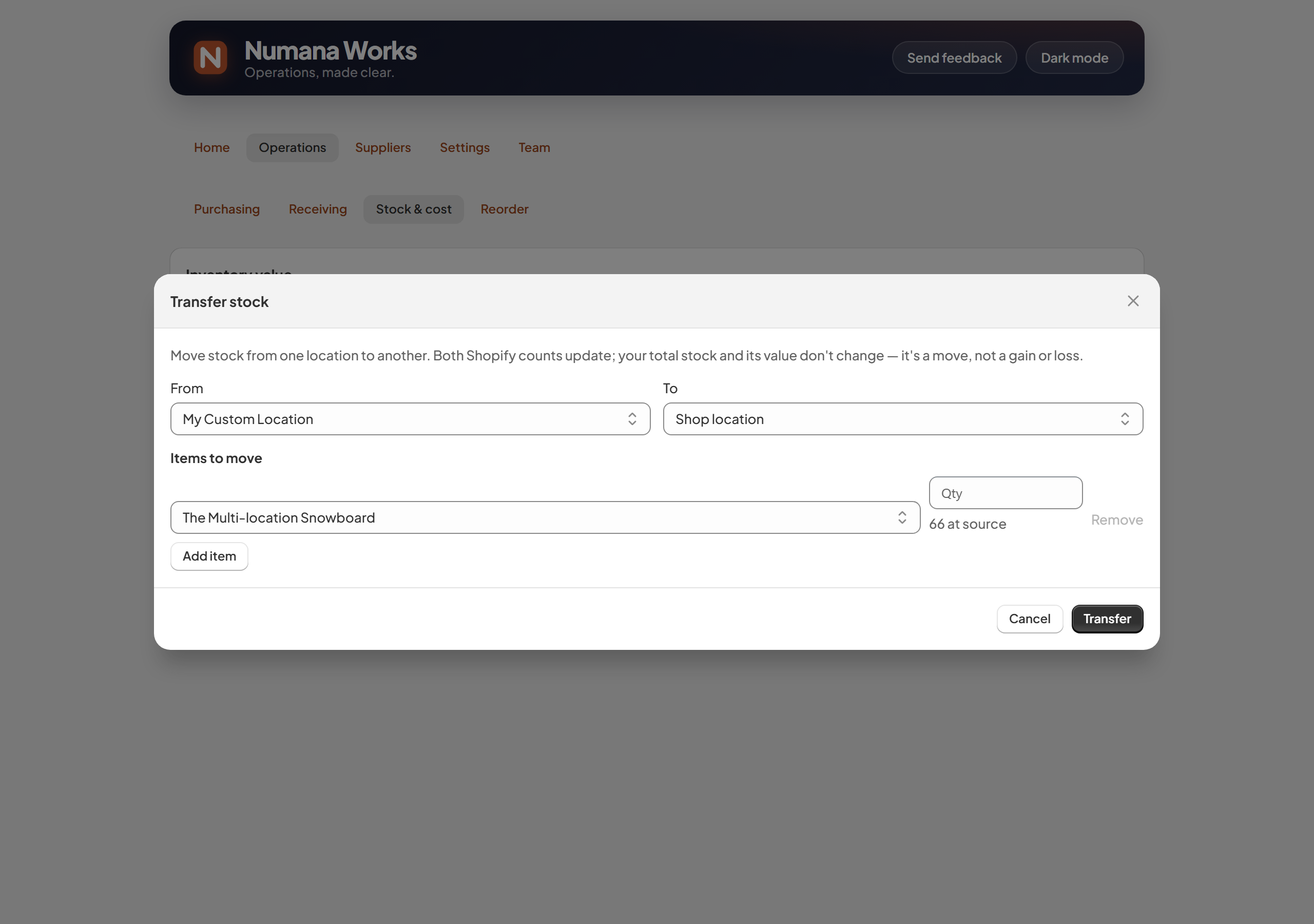 Transfer stock — from/to locations, items and quantities to move