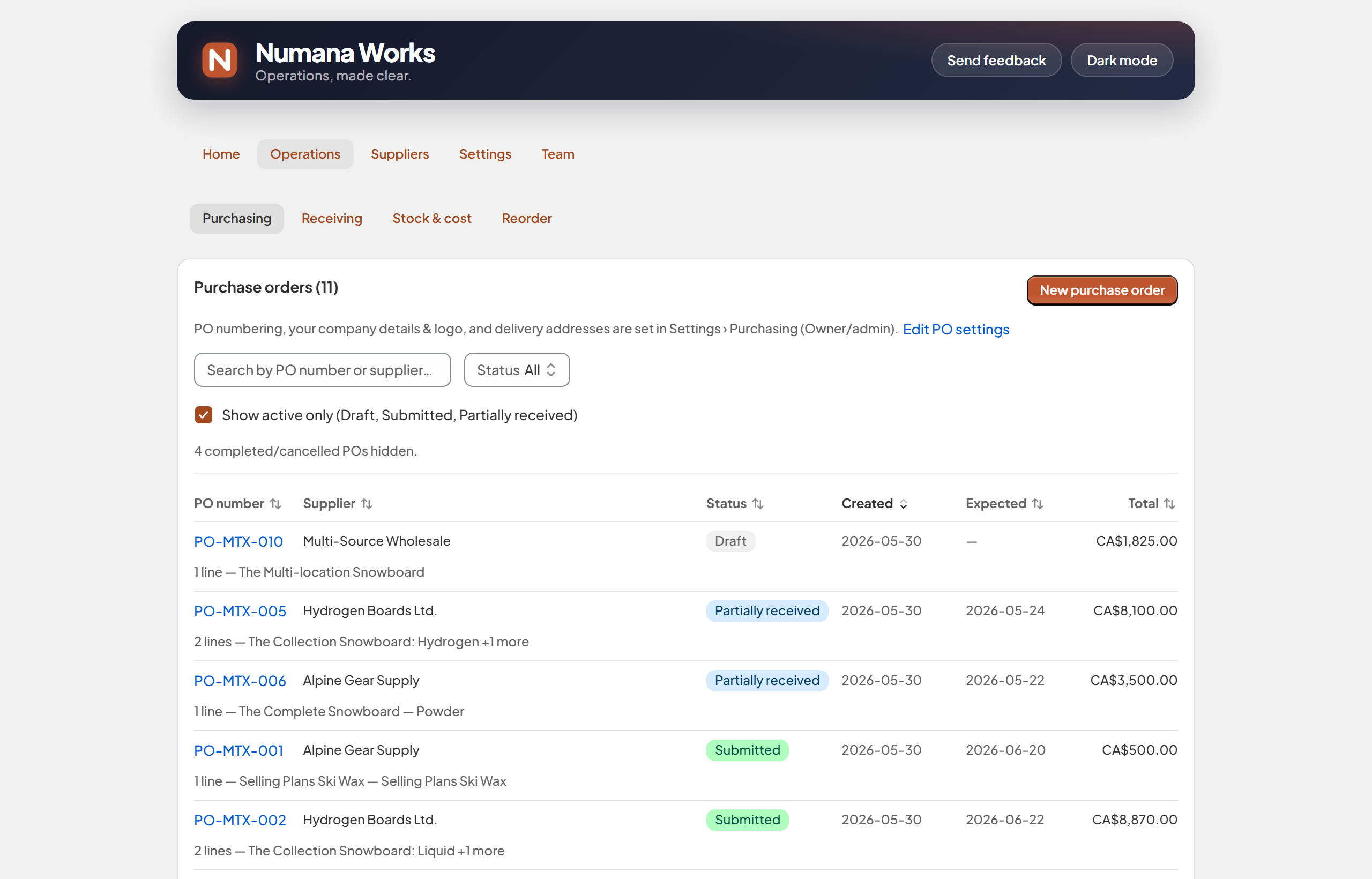 Purchase orders list with status, supplier, dates and totals
