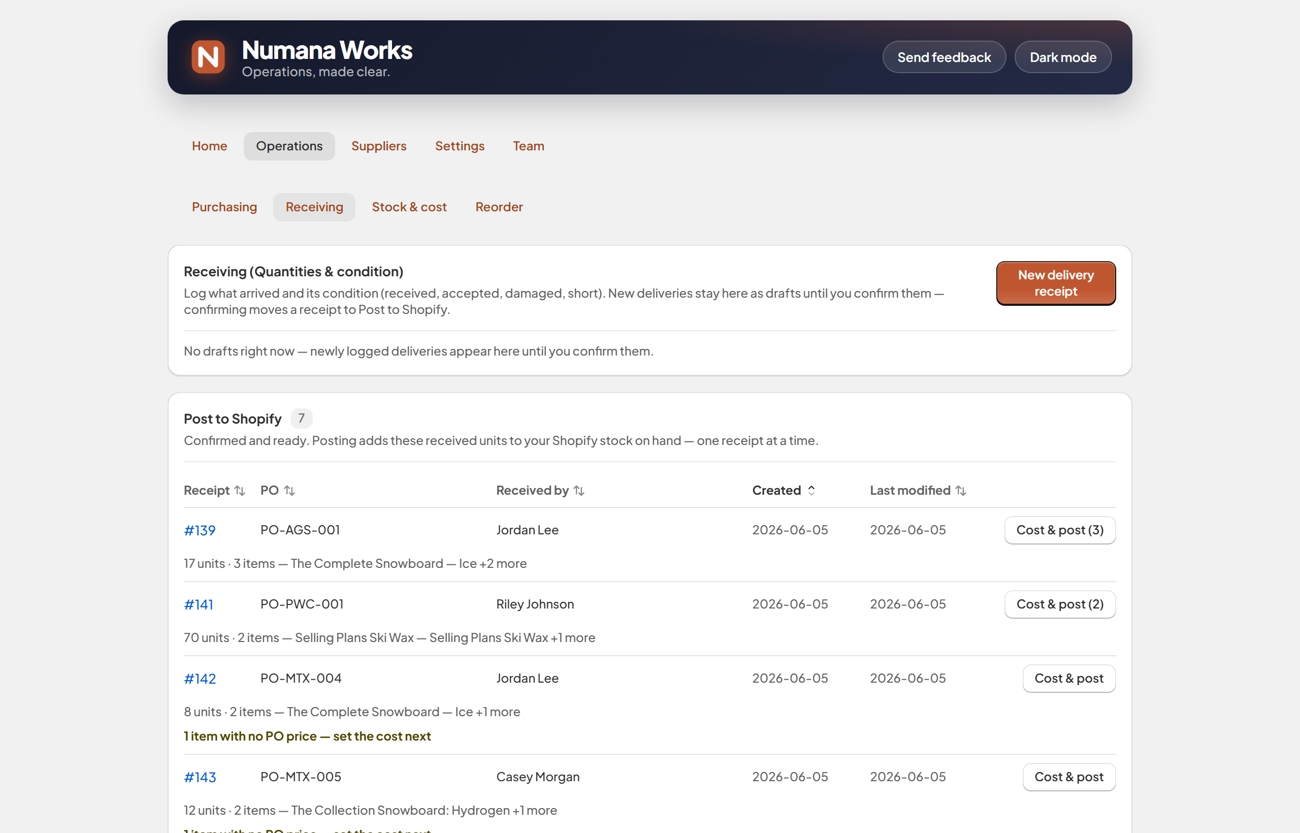 Receiving — two-step list: draft receipts and confirmed receipts ready to post to Shopify
